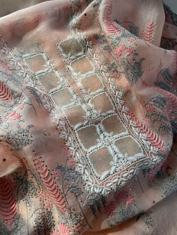 Peach Noor Organza Silk Chikankari With Mukaish Kamdani Fabric - Image 5