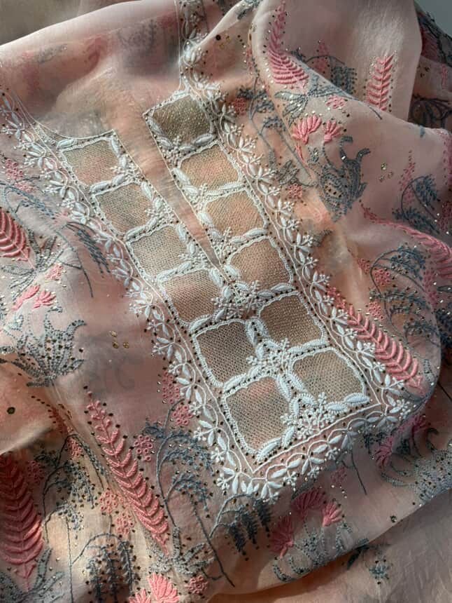 Peach Noor Organza Silk Chikankari With Mukaish Kamdani Fabric