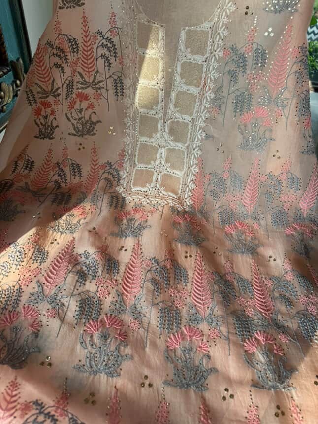 Peach Noor Organza Silk Chikankari With Mukaish Kamdani Fabric