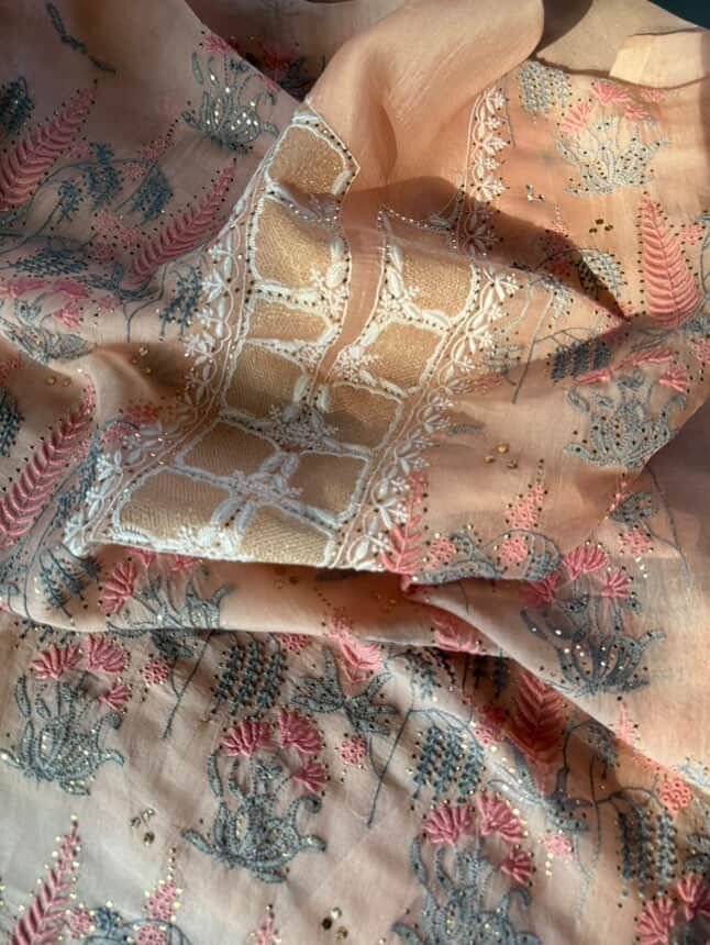 Peach Noor Organza Silk Chikankari With Mukaish Kamdani Fabric