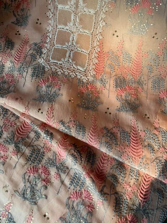 Peach Noor Organza Silk Chikankari With Mukaish Kamdani Fabric