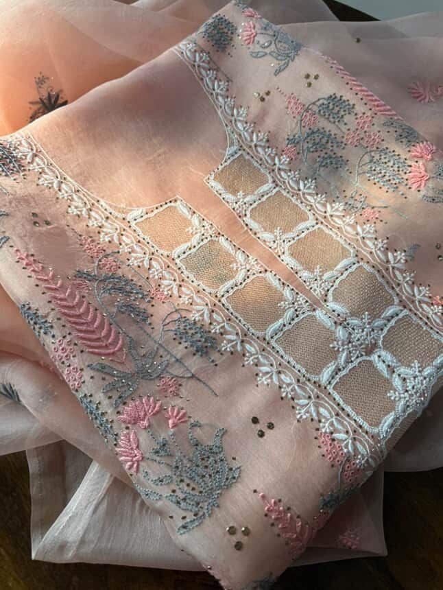 Peach Noor Organza Silk Chikankari With Mukaish Kamdani Fabric