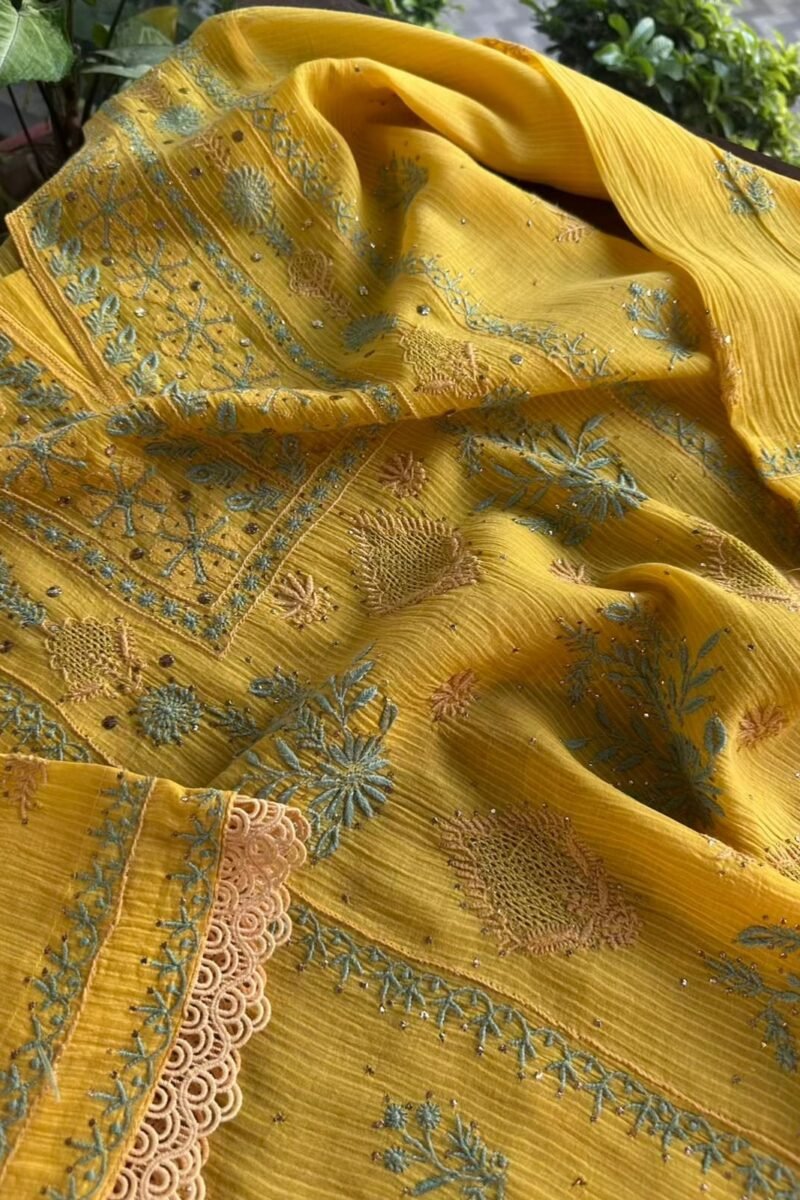 Yellow Malmal Mukaish Kamdani Chikankari Stitched Kurtas Dupatta Set