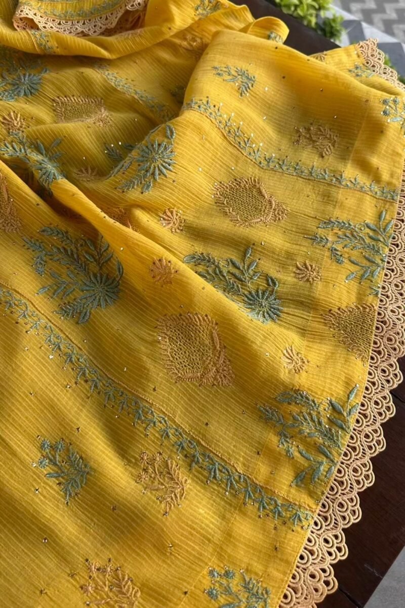 Yellow Malmal Mukaish Kamdani Chikankari Stitched Kurtas Dupatta Set
