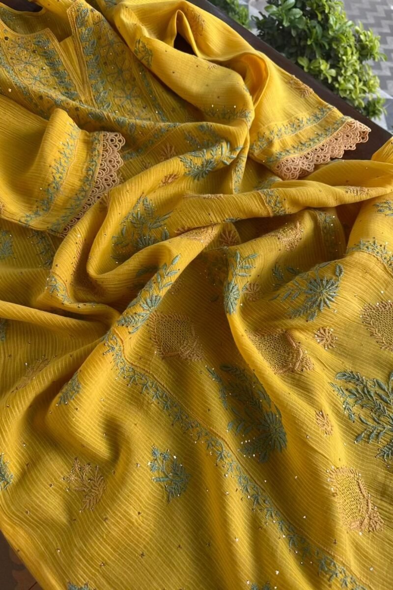Yellow Malmal Mukaish Kamdani Chikankari Stitched Kurtas Dupatta Set