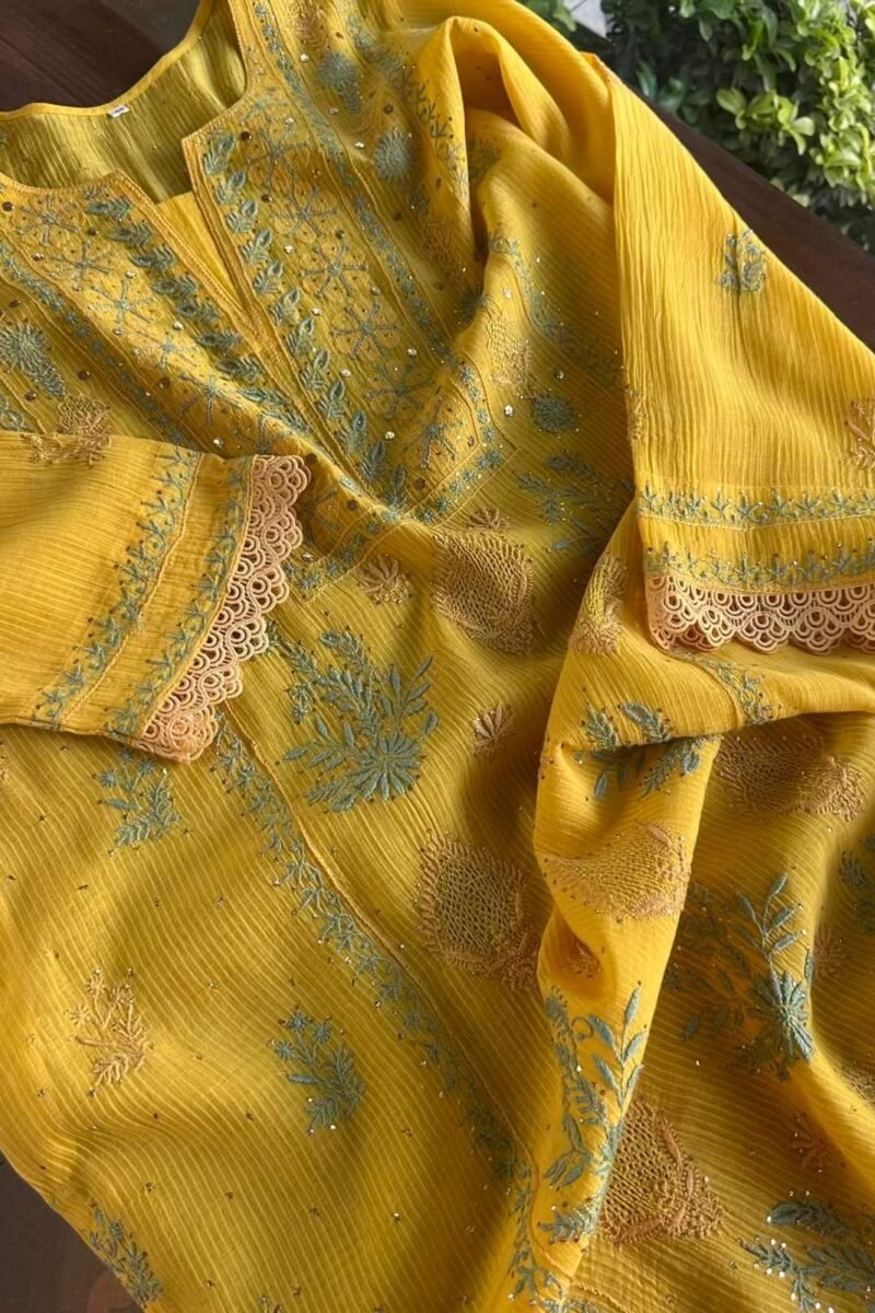Yellow Malmal Mukaish Kamdani Chikankari Stitched Kurtas Dupatta Set