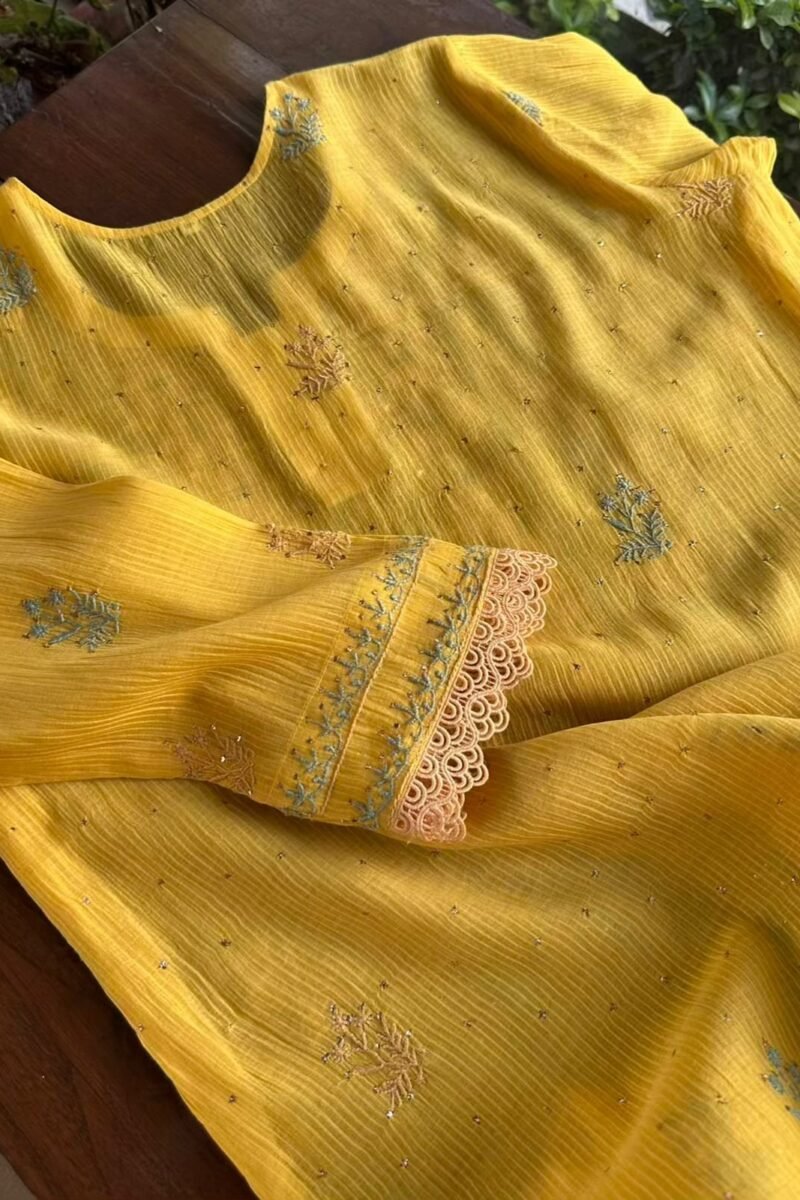 Yellow Malmal Mukaish Kamdani Chikankari Stitched Kurtas Dupatta Set