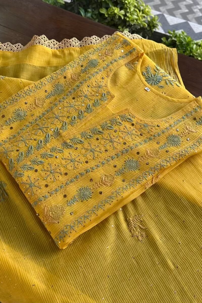 Yellow Malmal Mukaish Kamdani Chikankari Stitched Kurtas Dupatta Set