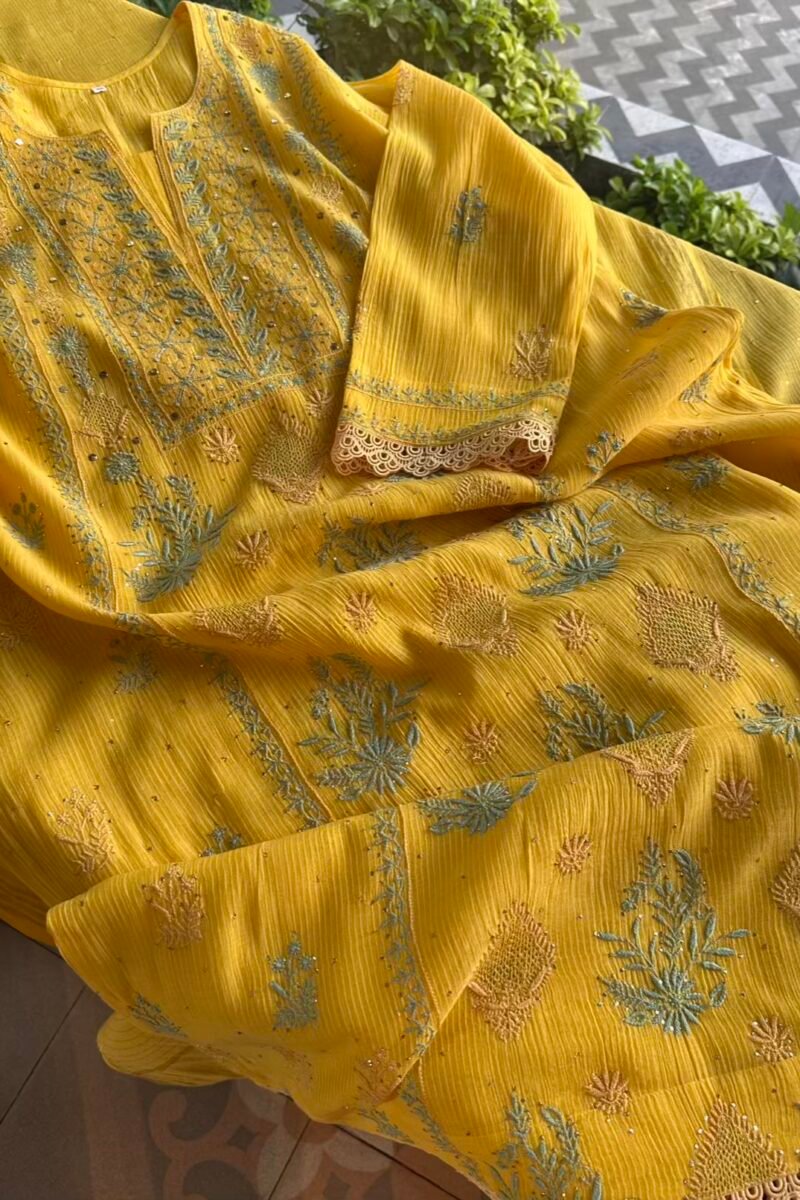 Yellow Malmal Mukaish Kamdani Chikankari Stitched Kurtas Dupatta Set