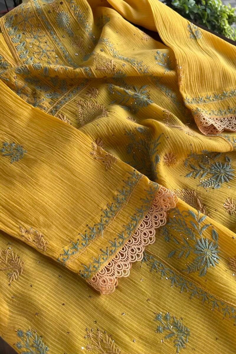 Yellow Malmal Mukaish Kamdani Chikankari Stitched Kurtas Dupatta Set
