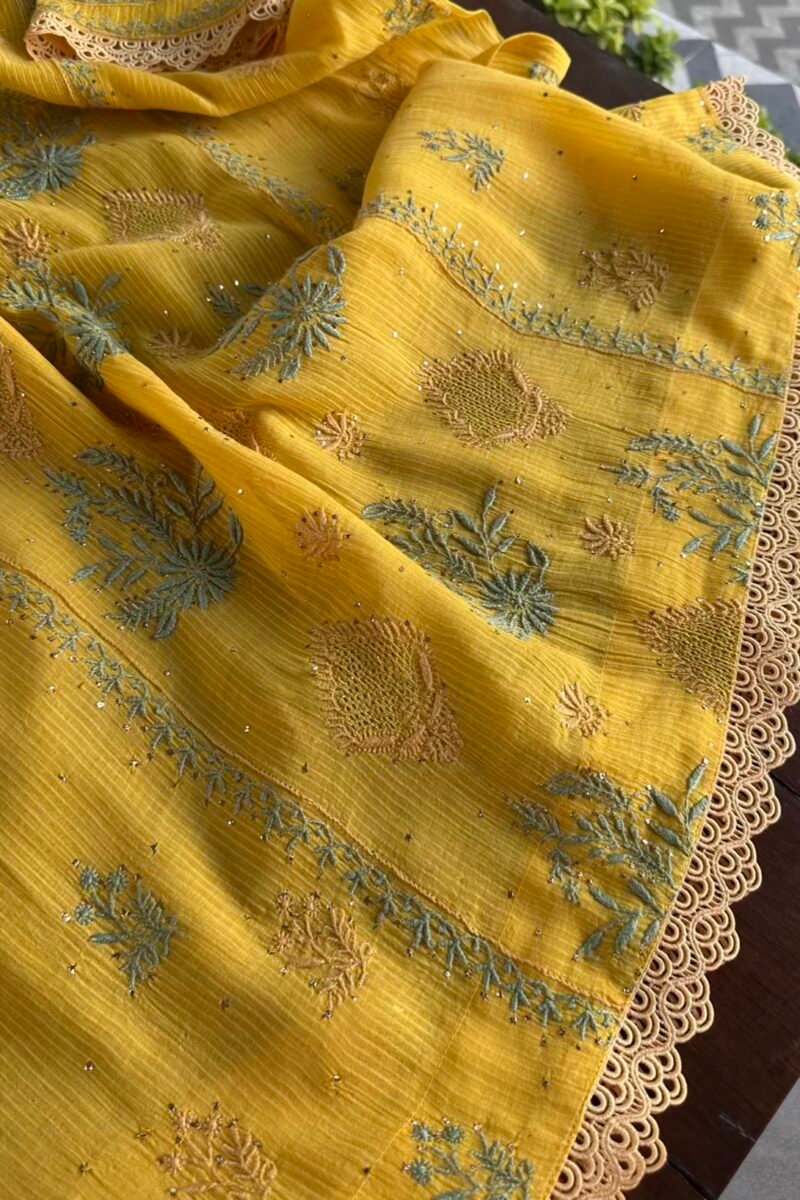 Yellow Malmal Mukaish Kamdani Chikankari Stitched Kurtas Dupatta Set