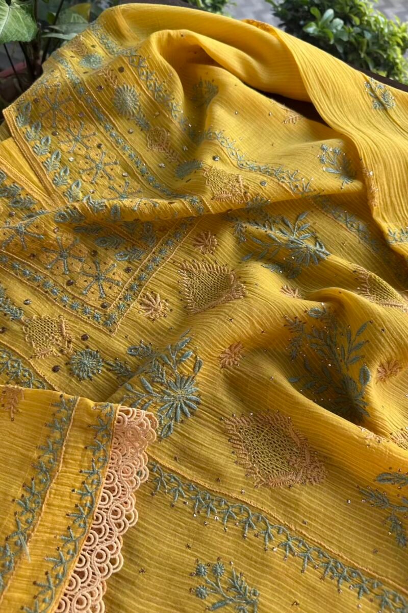 Yellow Malmal Mukaish Kamdani Chikankari Stitched Kurtas Dupatta Set