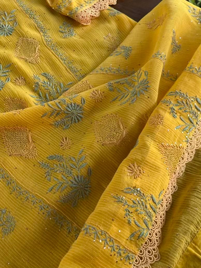 Yellow Malmal Mukaish Kamdani Chikankari Stitched Kurtas Dupatta Set