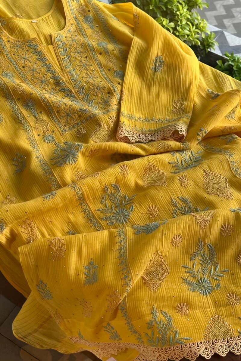 Yellow Malmal Mukaish Kamdani Chikankari Stitched Kurtas Dupatta Set