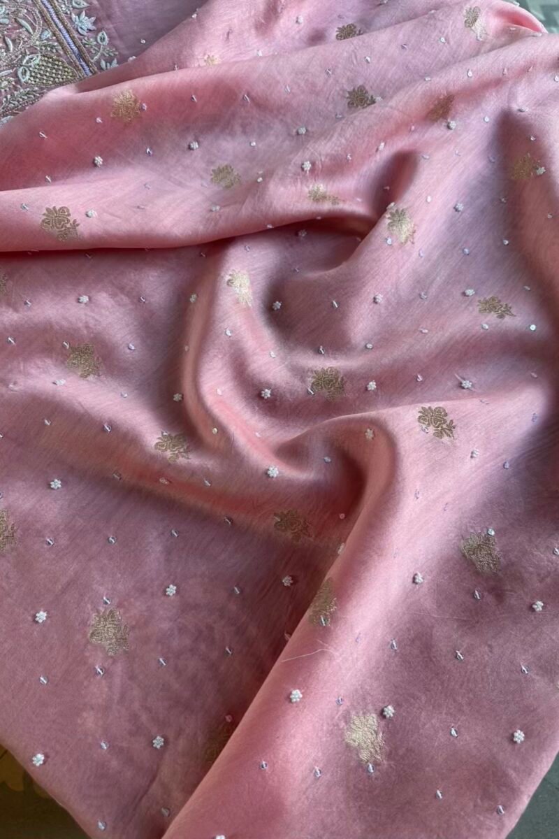 Pink Banarasi Zari Chanderi Chikankari Unstitched Kurta Dupatta Fabric Set