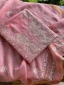 Pink Banarasi Zari Chanderi Chikankari Unstitched Kurta Dupatta Fabric Set