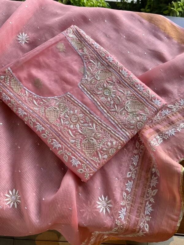 Pink Banarasi Zari Chanderi Chikankari Unstitched Kurta Dupatta Fabric Set