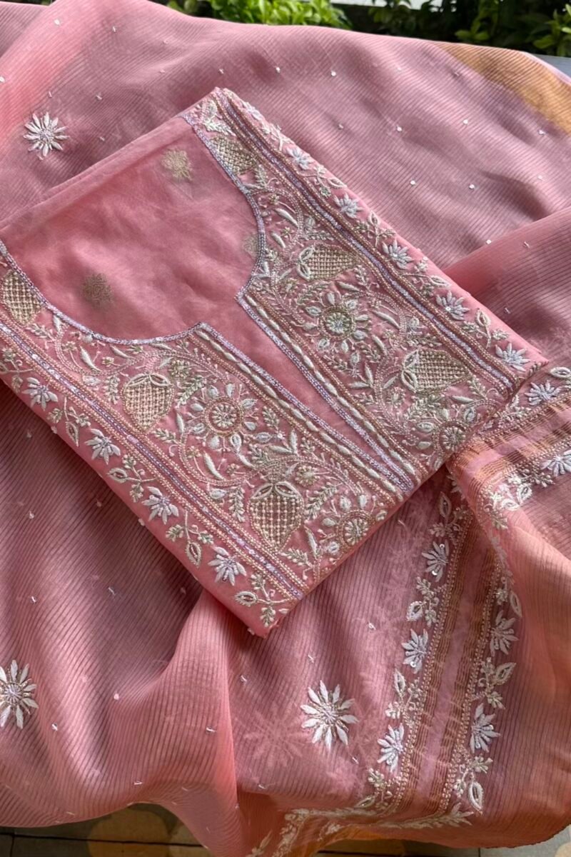 Pink Banarasi Zari Chanderi Chikankari Unstitched Kurta Dupatta Fabric Set