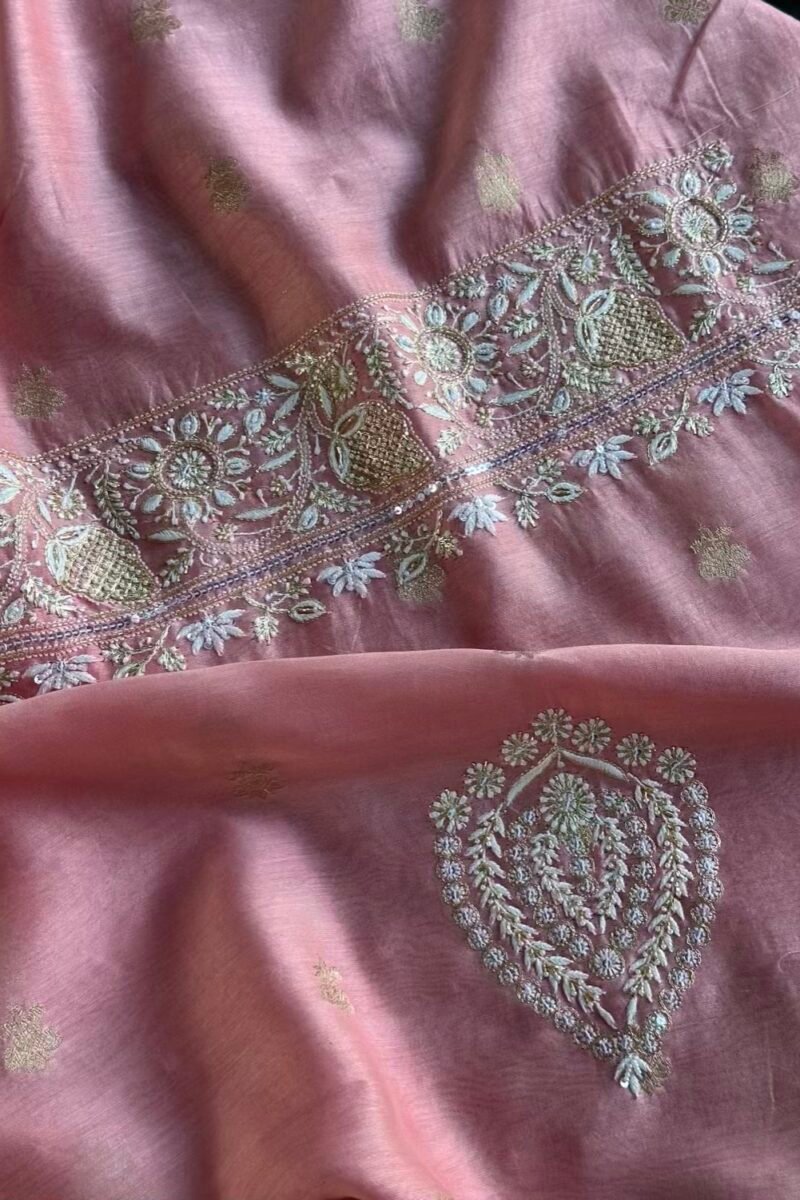 Pink Banarasi Zari Chanderi Chikankari Unstitched Kurta Dupatta Fabric Set