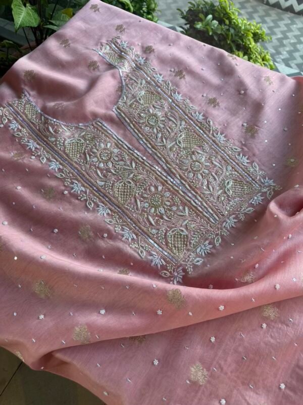 Pink Banarasi Zari Chanderi Chikankari Unstitched Kurta Dupatta Fabric Set - Image 2