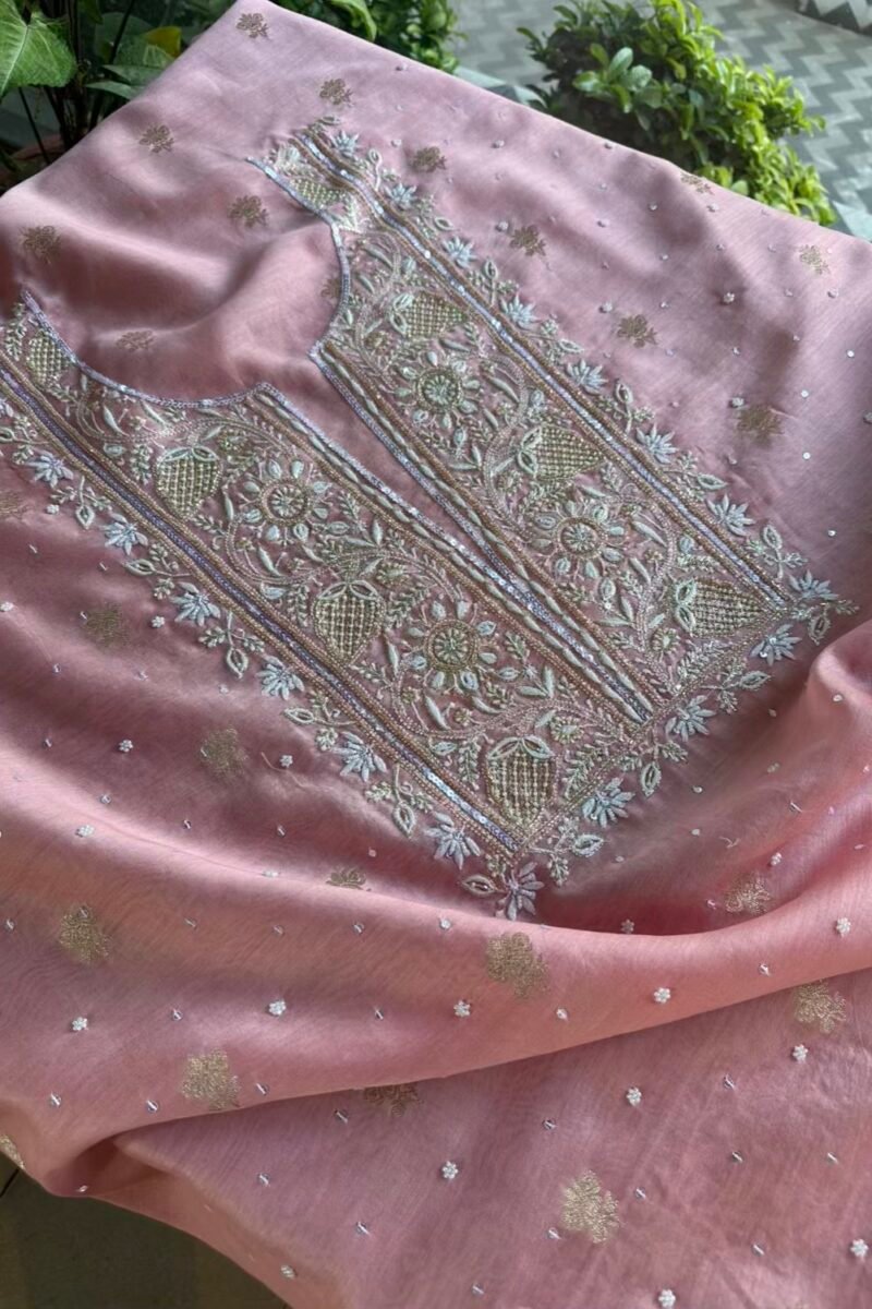 Pink Banarasi Zari Chanderi Chikankari Unstitched Kurta Dupatta Fabric Set