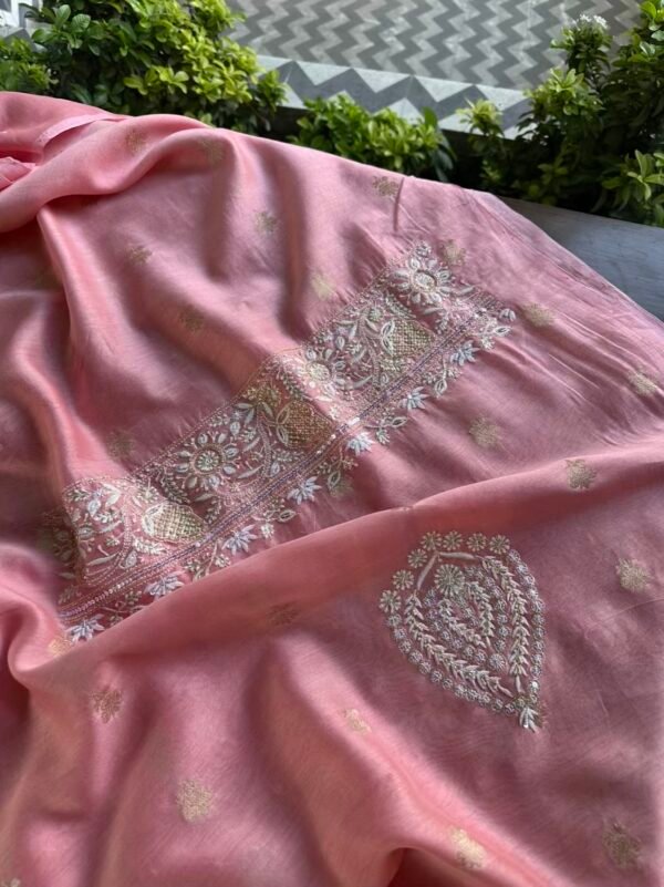 Pink Banarasi Zari Chanderi Chikankari Unstitched Kurta Dupatta Fabric Set - Image 3