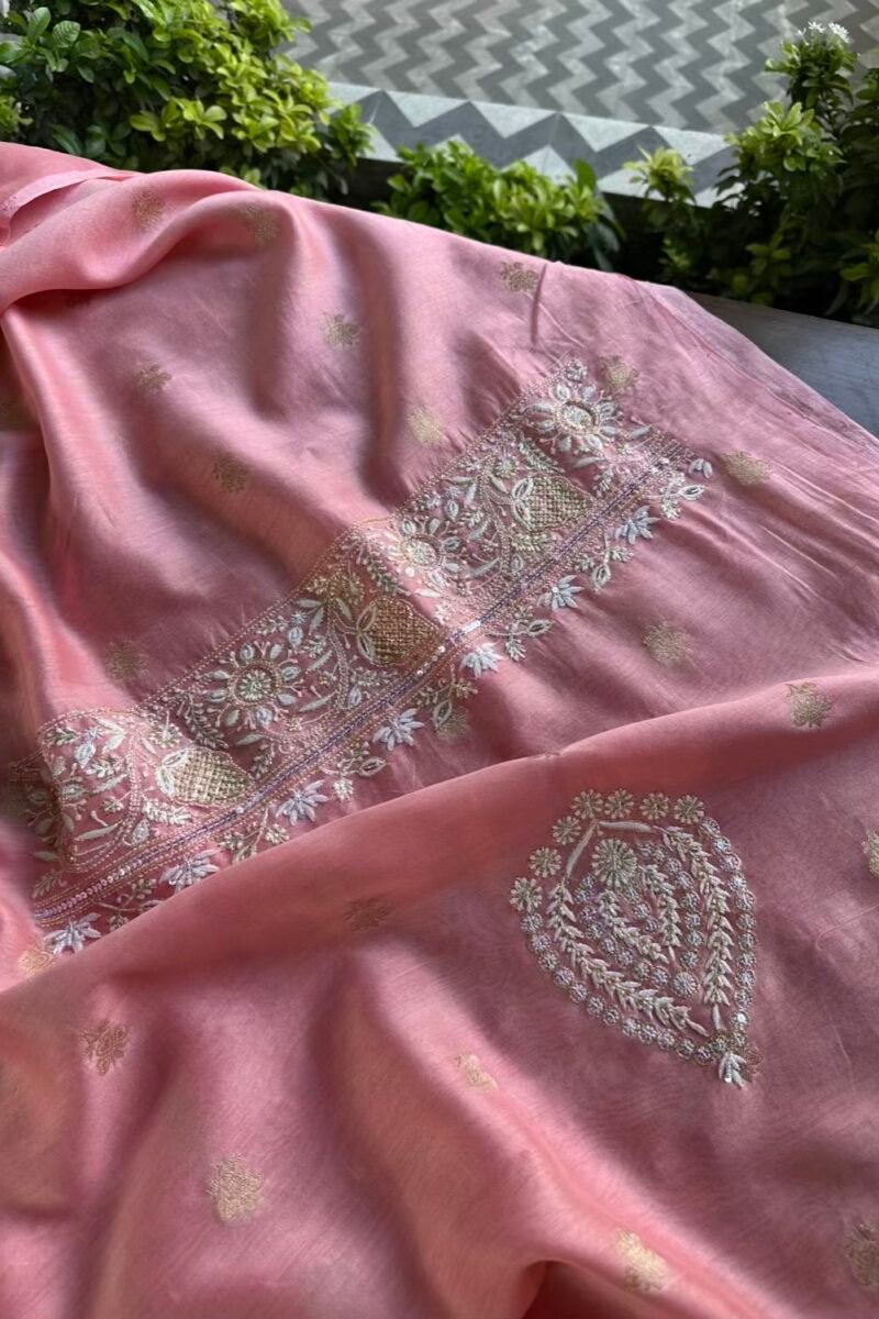 Pink Banarasi Zari Chanderi Chikankari Unstitched Kurta Dupatta Fabric Set