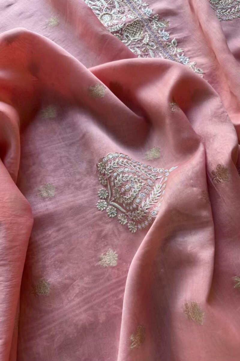 Pink Banarasi Zari Chanderi Chikankari Unstitched Kurta Dupatta Fabric Set