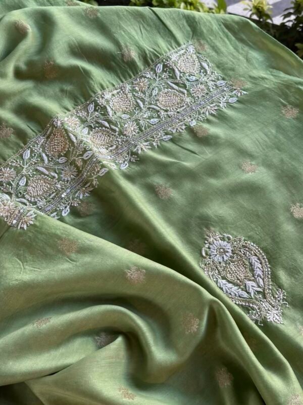 Green Banarasi Zari Chanderi Chikankari Unstitched Kurta Dupatta Fabric Set - Image 3