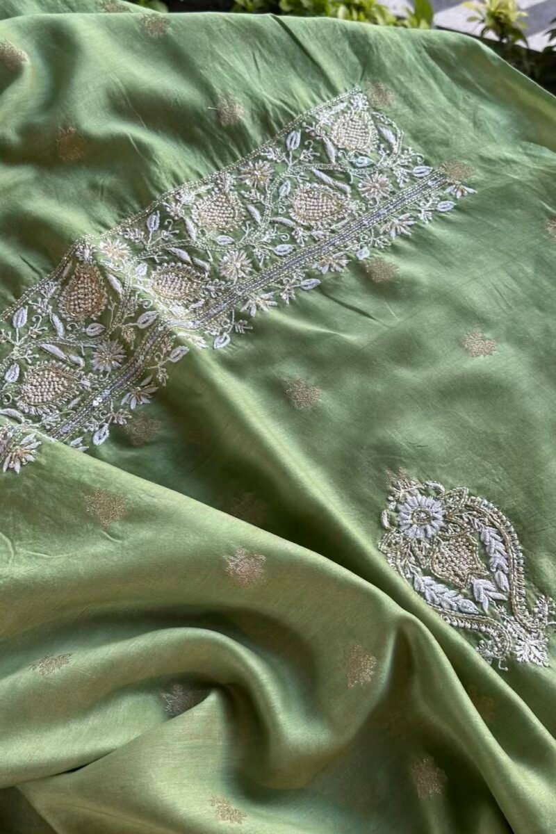 Green Banarasi Zari Chanderi Chikankari Unstitched Kurta Dupatta Fabric Set