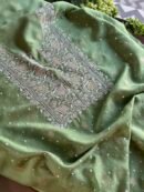 Green Banarasi Zari Chanderi Chikankari Unstitched Kurta Dupatta Fabric Set