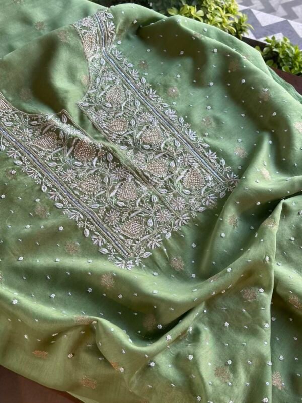 Green Banarasi Zari Chanderi Chikankari Unstitched Kurta Dupatta Fabric Set - Image 4