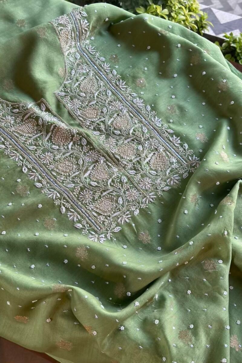 Green Banarasi Zari Chanderi Chikankari Unstitched Kurta Dupatta Fabric Set