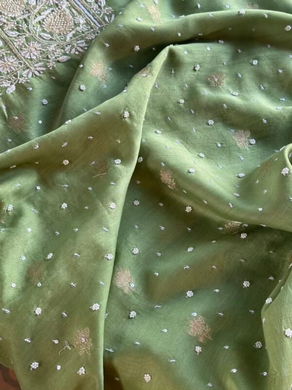 Green Banarasi Zari Chanderi Chikankari Unstitched Kurta Dupatta Fabric Set - Image 2