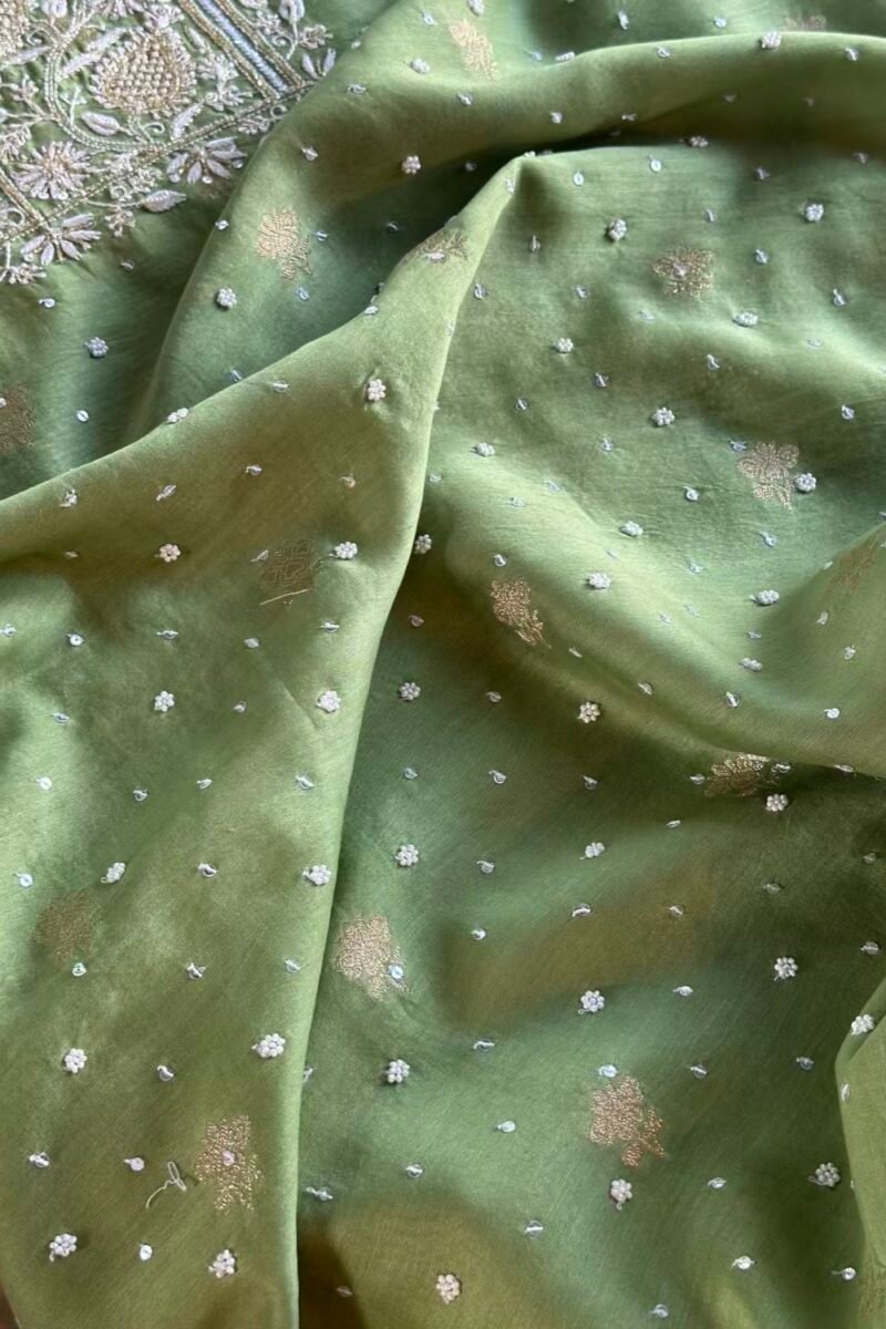Green Banarasi Zari Chanderi Chikankari Unstitched Kurta Dupatta Fabric Set