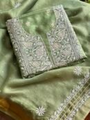 Green Banarasi Zari Chanderi Chikankari Unstitched Kurta Dupatta Fabric Set