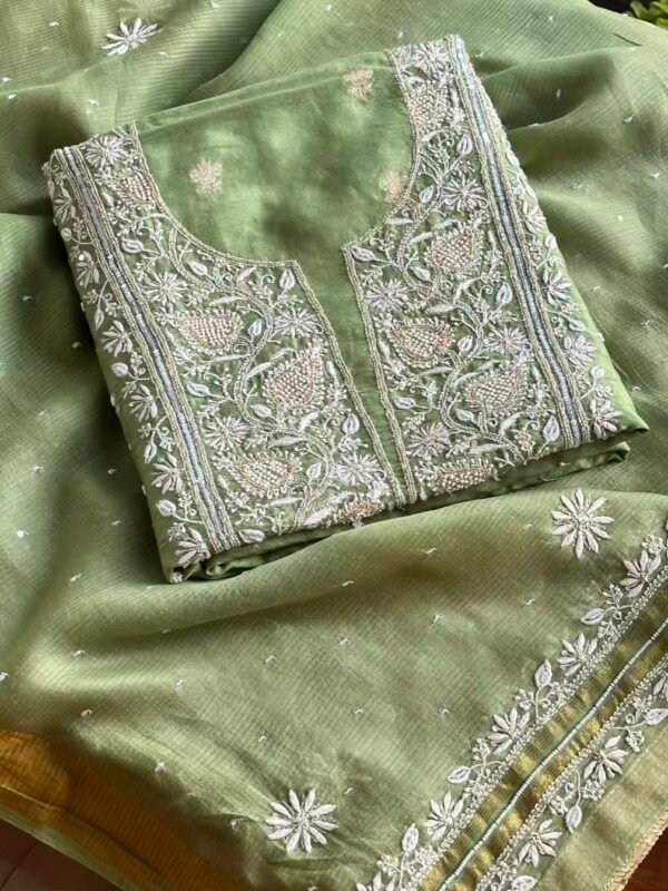 Green Banarasi Zari Chanderi Chikankari Unstitched Kurta Dupatta Fabric Set