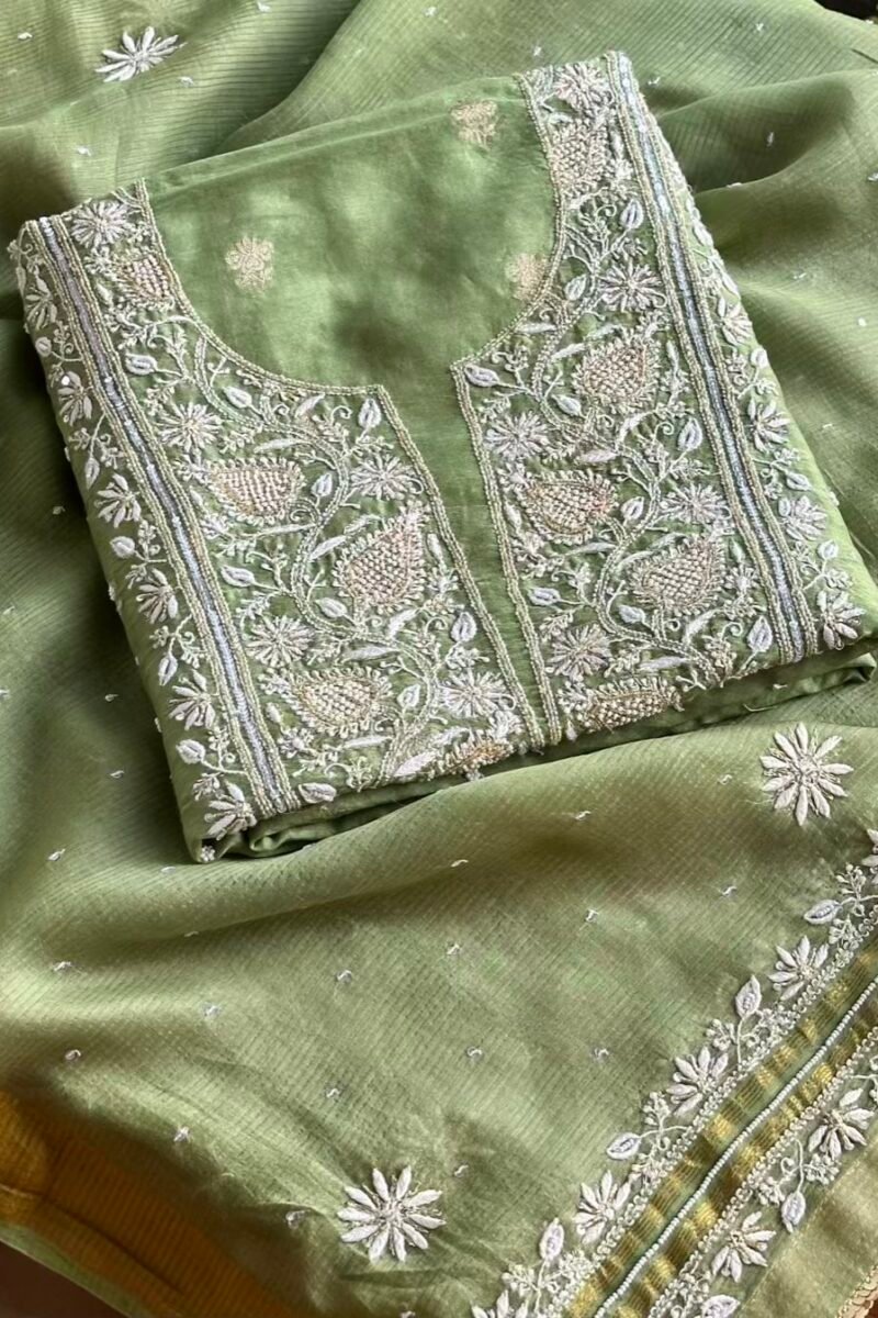 Green Banarasi Zari Chanderi Chikankari Unstitched Kurta Dupatta Fabric Set