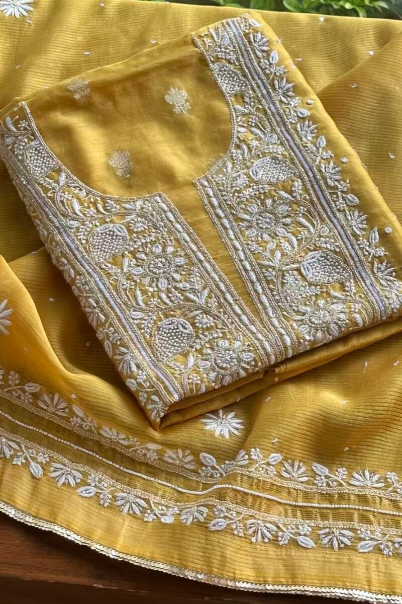 Yellow Banarasi Zari Chanderi Chikankari Unstitched Kurta Dupatta Fabric Set