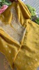 Yellow Banarasi Zari Chanderi Chikankari Unstitched Kurta Dupatta Fabric Set