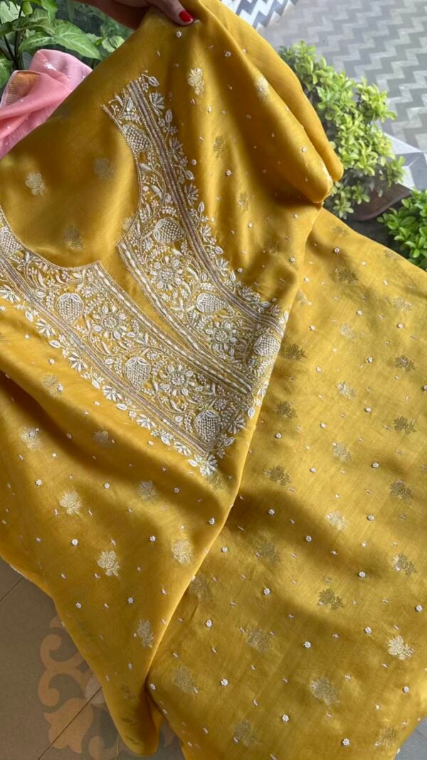 Yellow Banarasi Zari Chanderi Chikankari Unstitched Kurta Dupatta Fabric Set - Image 7