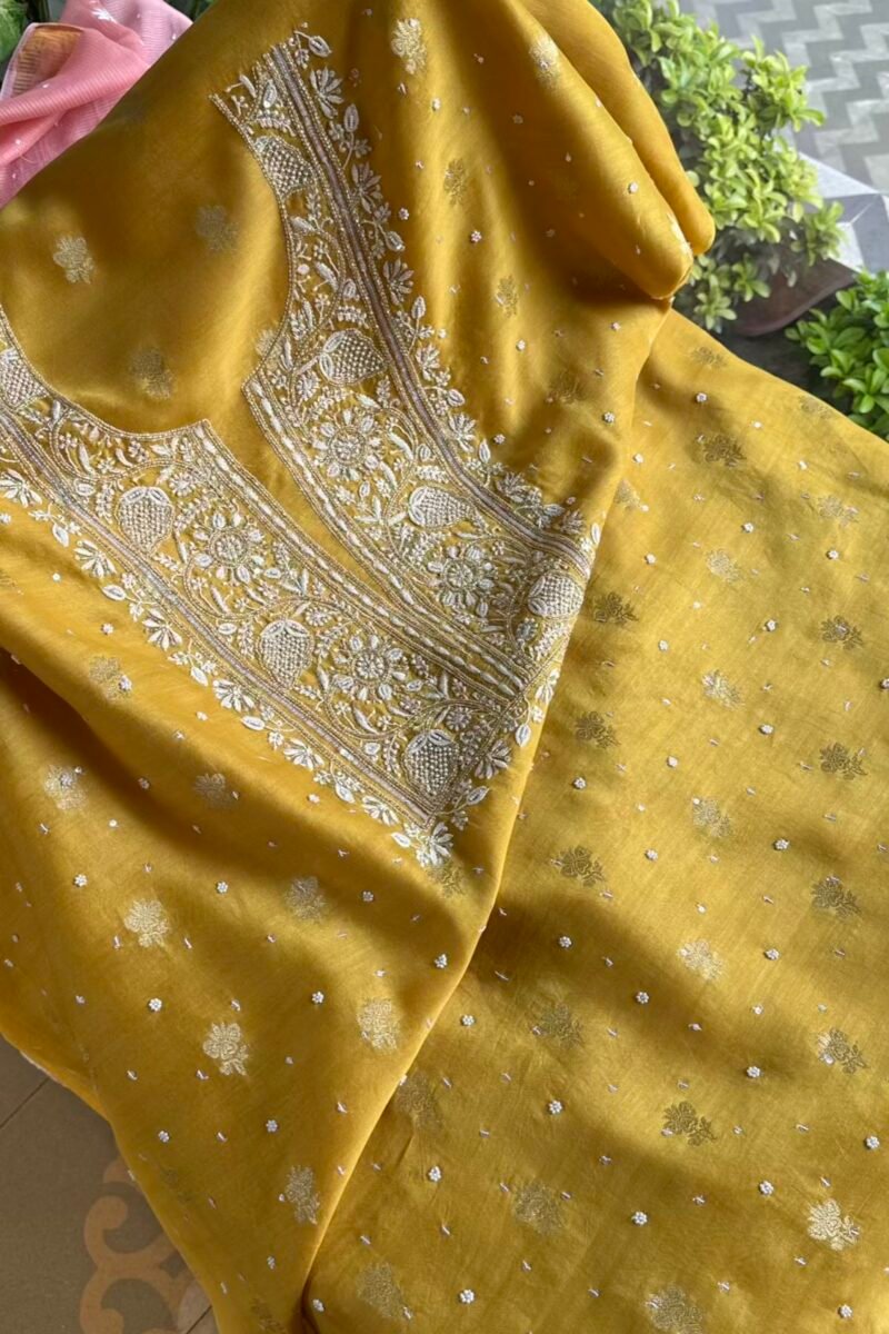 Yellow Banarasi Zari Chanderi Chikankari Unstitched Kurta Dupatta Fabric Set