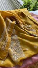 Yellow Banarasi Zari Chanderi Chikankari Unstitched Kurta Dupatta Fabric Set