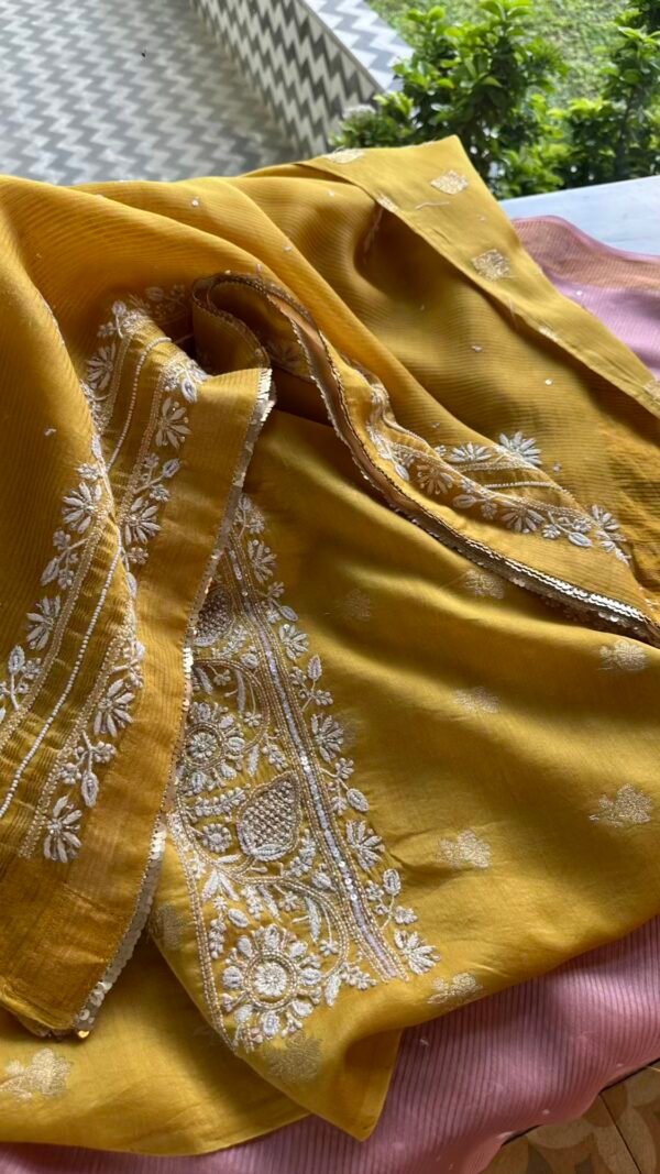 Yellow Banarasi Zari Chanderi Chikankari Unstitched Kurta Dupatta Fabric Set - Image 8