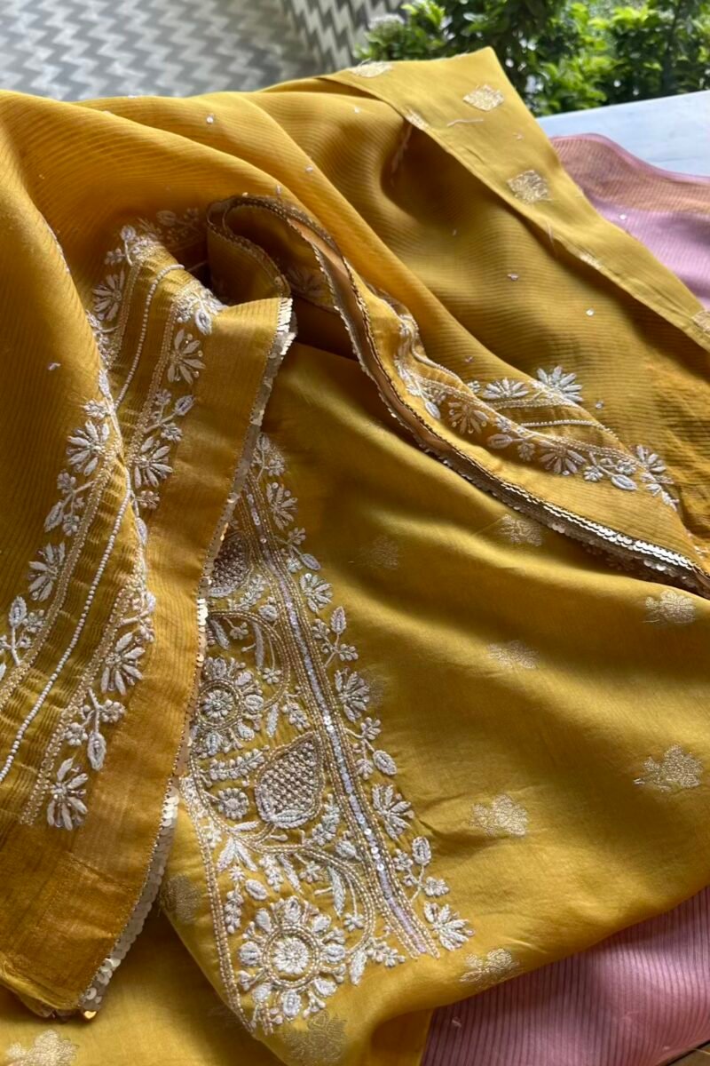 Yellow Banarasi Zari Chanderi Chikankari Unstitched Kurta Dupatta Fabric Set