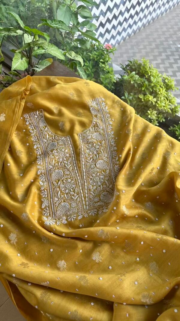 Yellow Banarasi Zari Chanderi Chikankari Unstitched Kurta Dupatta Fabric Set - Image 6