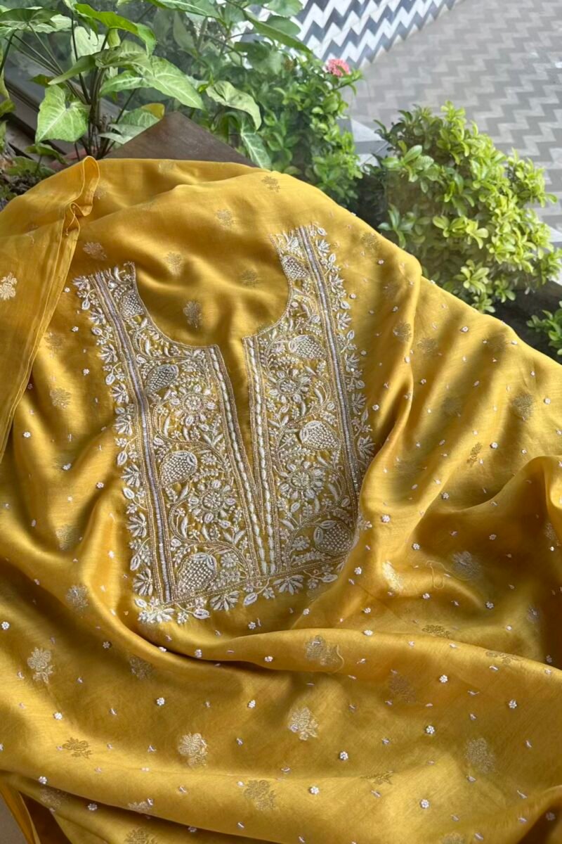 Yellow Banarasi Zari Chanderi Chikankari Unstitched Kurta Dupatta Fabric Set