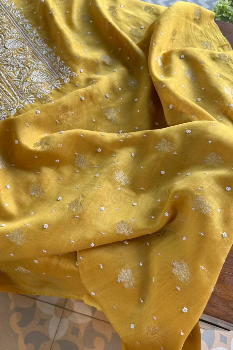 Yellow Banarasi Zari Chanderi Chikankari Unstitched Kurta Dupatta Fabric Set