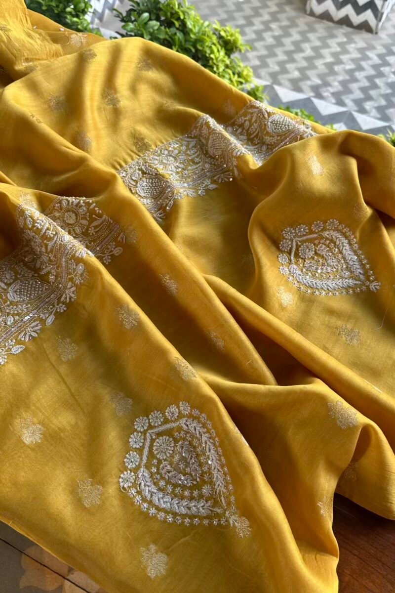 Yellow Banarasi Zari Chanderi Chikankari Unstitched Kurta Dupatta Fabric Set