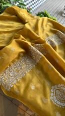 Yellow Banarasi Zari Chanderi Chikankari Unstitched Kurta Dupatta Fabric Set